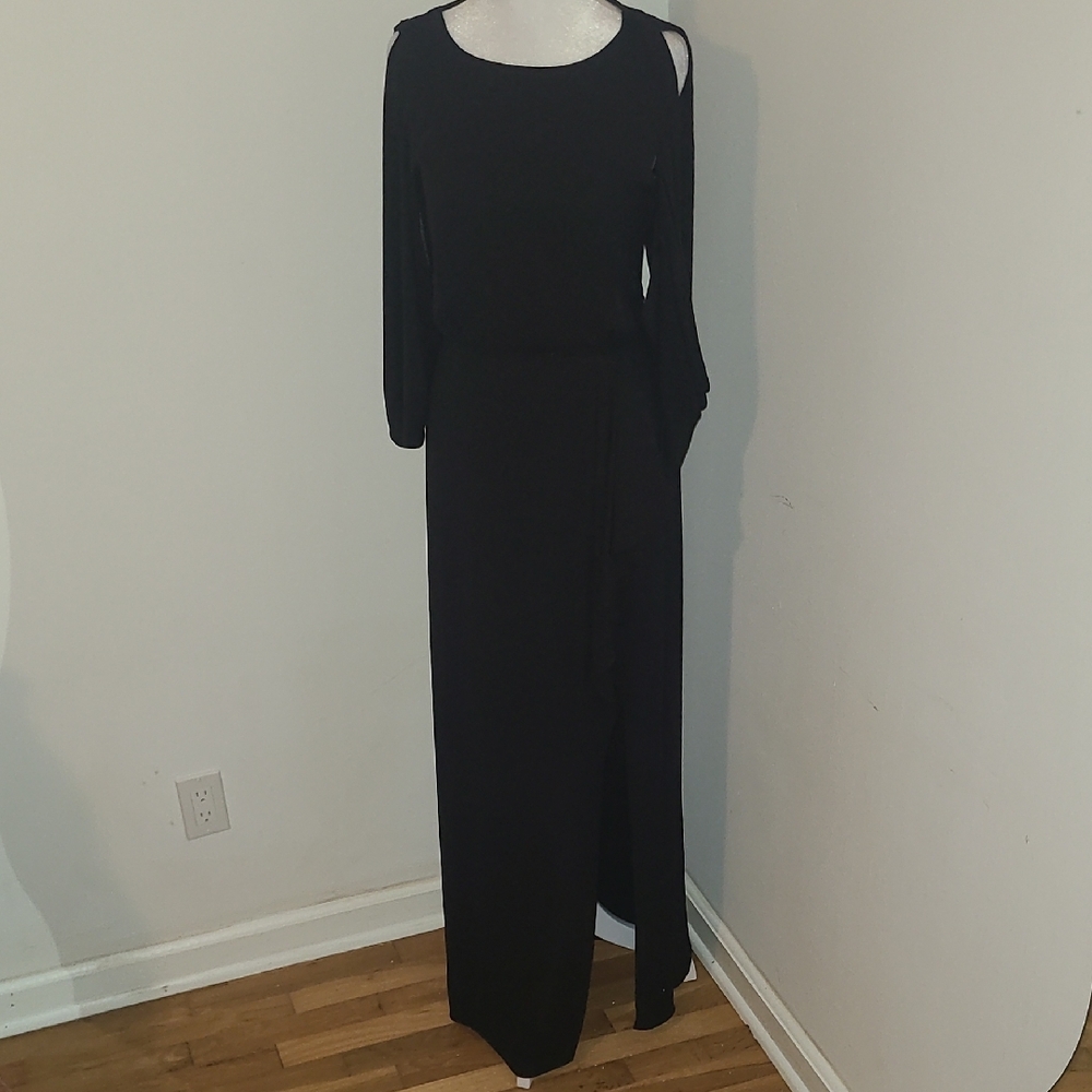 BCBGMaxAzria Black Cold Shoulder Gown with Bishop Sleeves